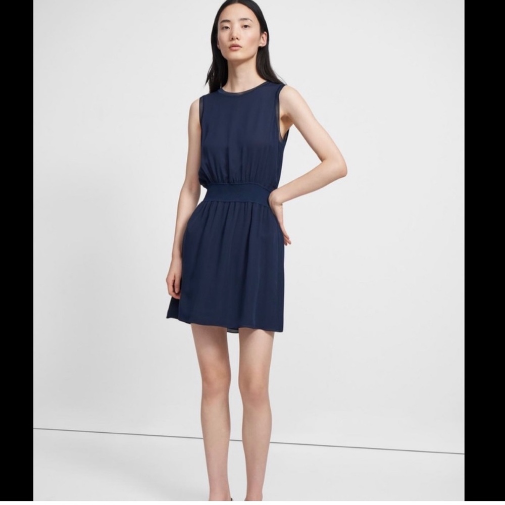Theory Rib Trim Navy Silk Brand New Dress